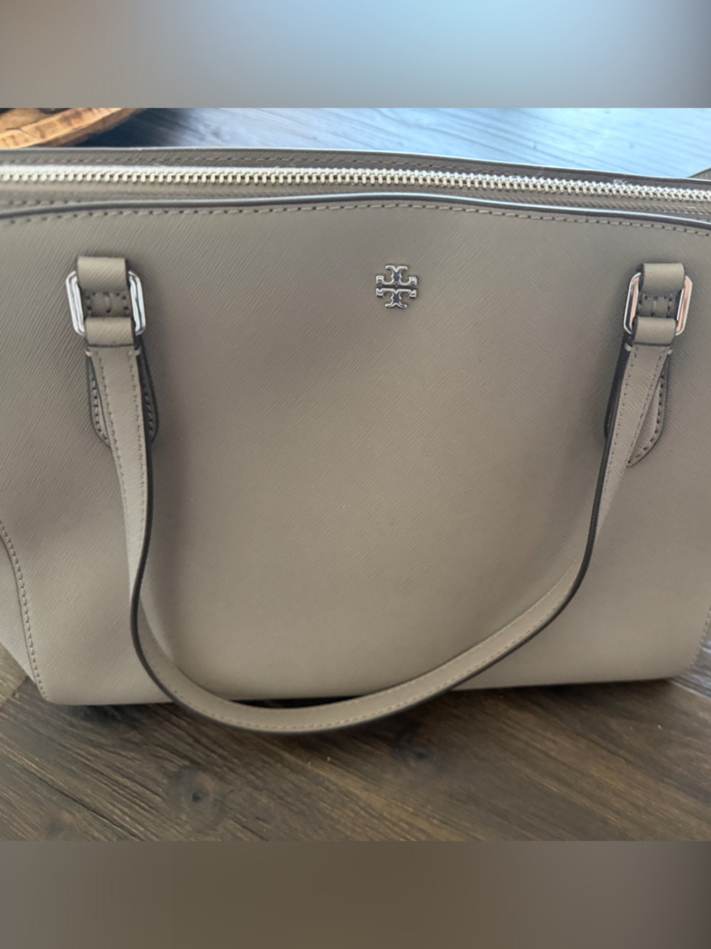 Tory Burch Taupe Saffiano Tote with Silver Hardware